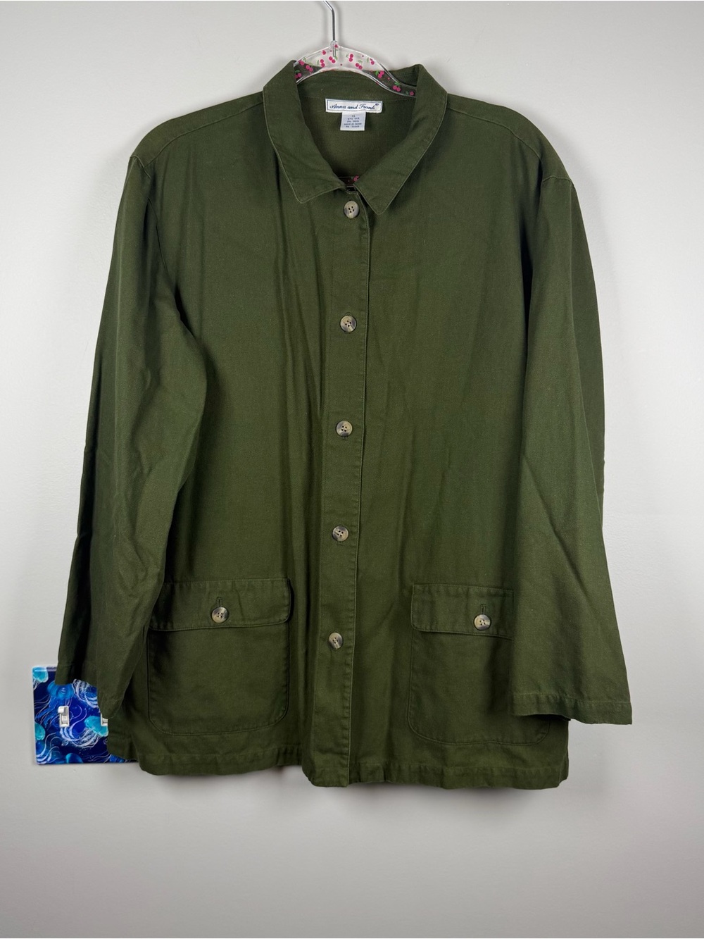 VTG Anna & Frank Green Silk Wool Safari Utility Lagenlook Button Down Shirt XL